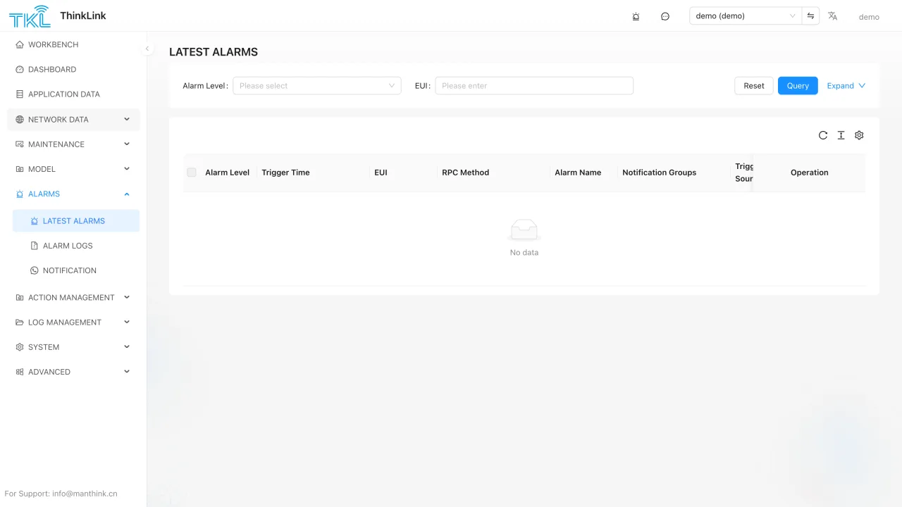 ThinkLink lista de gestión de alarmas