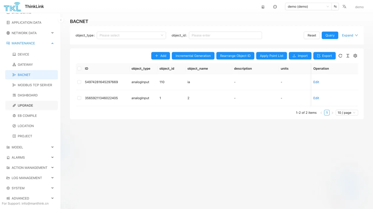 ThinkLink BACnet オブジェクト管理およびポイントリスト インターフェイス