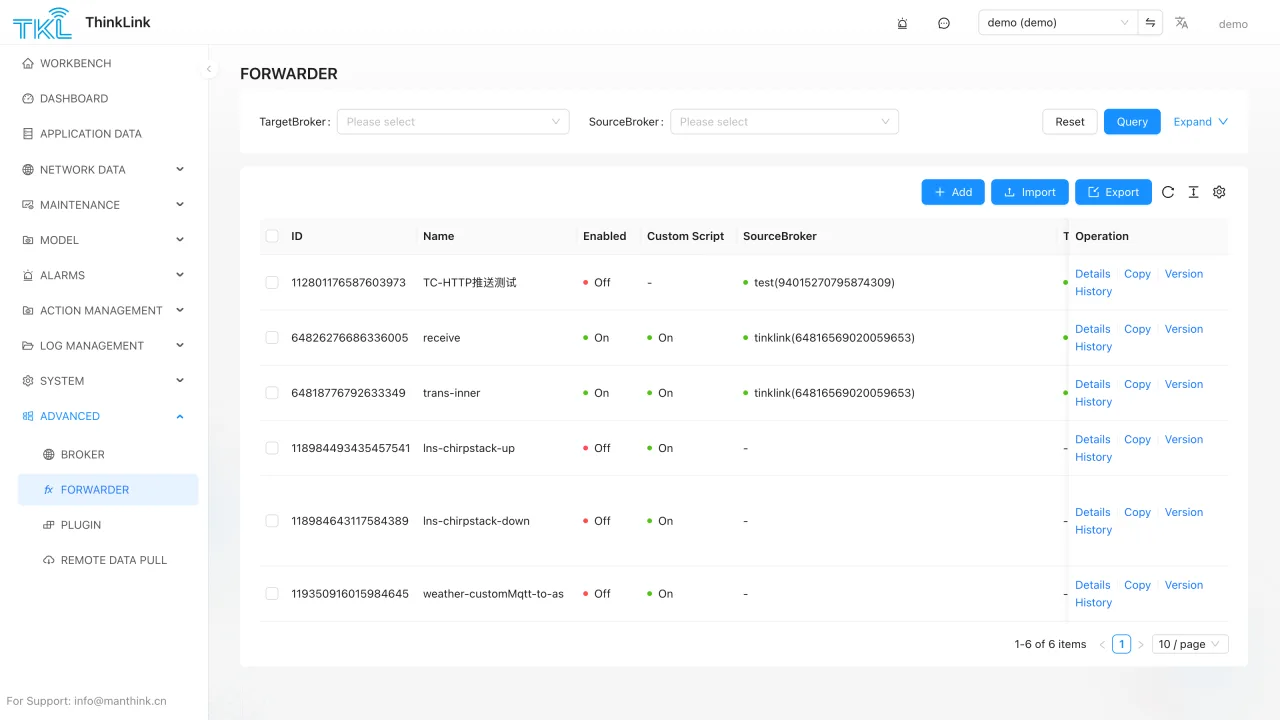JavaScript変換とバージョン詳細を表示するThinkLink MQTT転送スクリプト画面