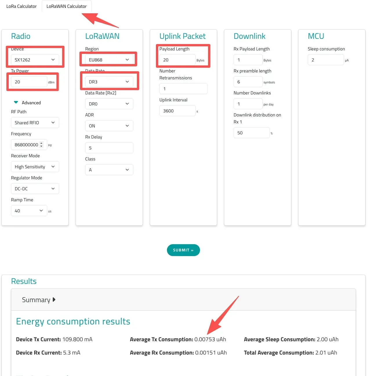LoRaWAN Calculator Results