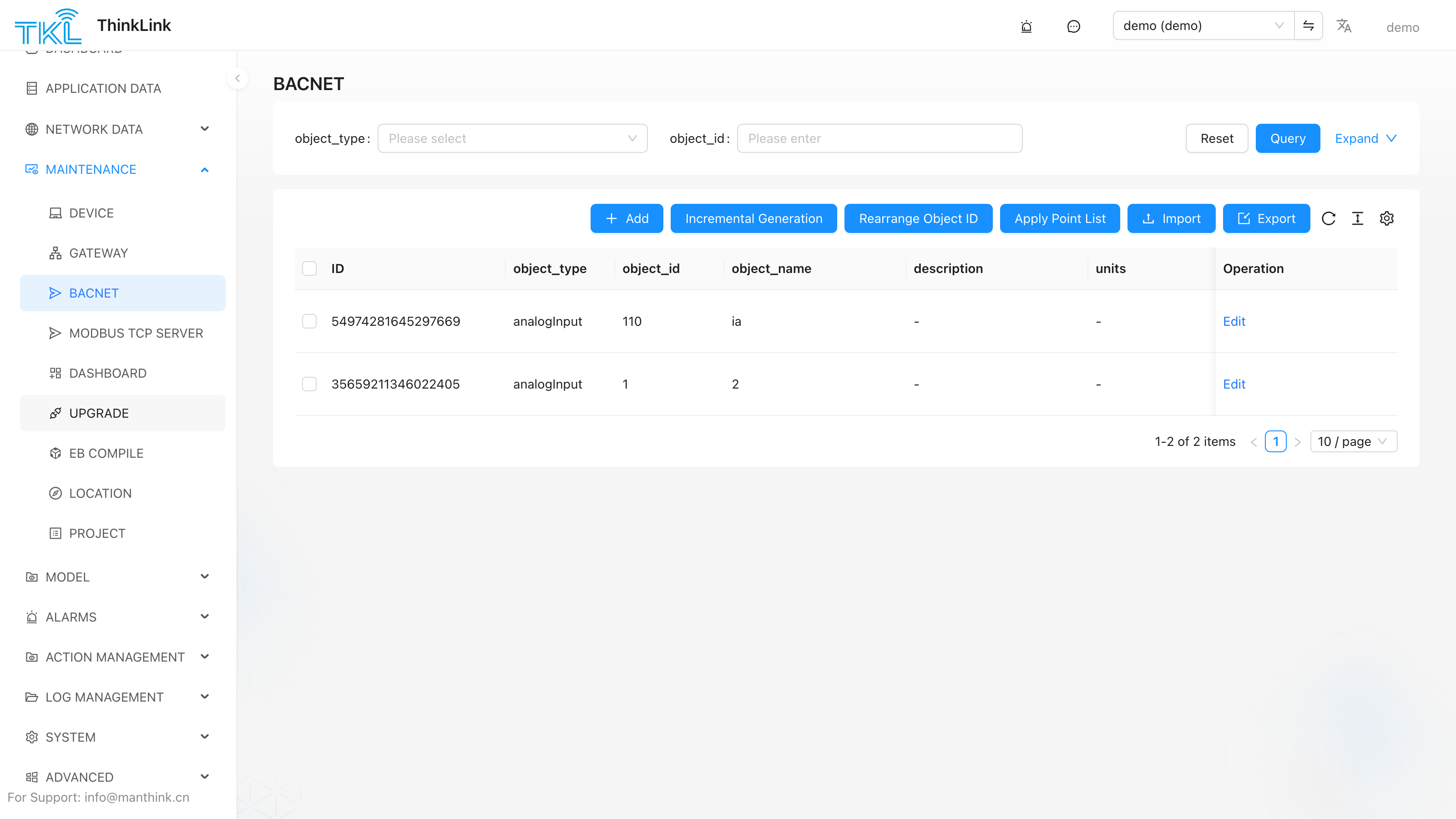 BACnet object management page