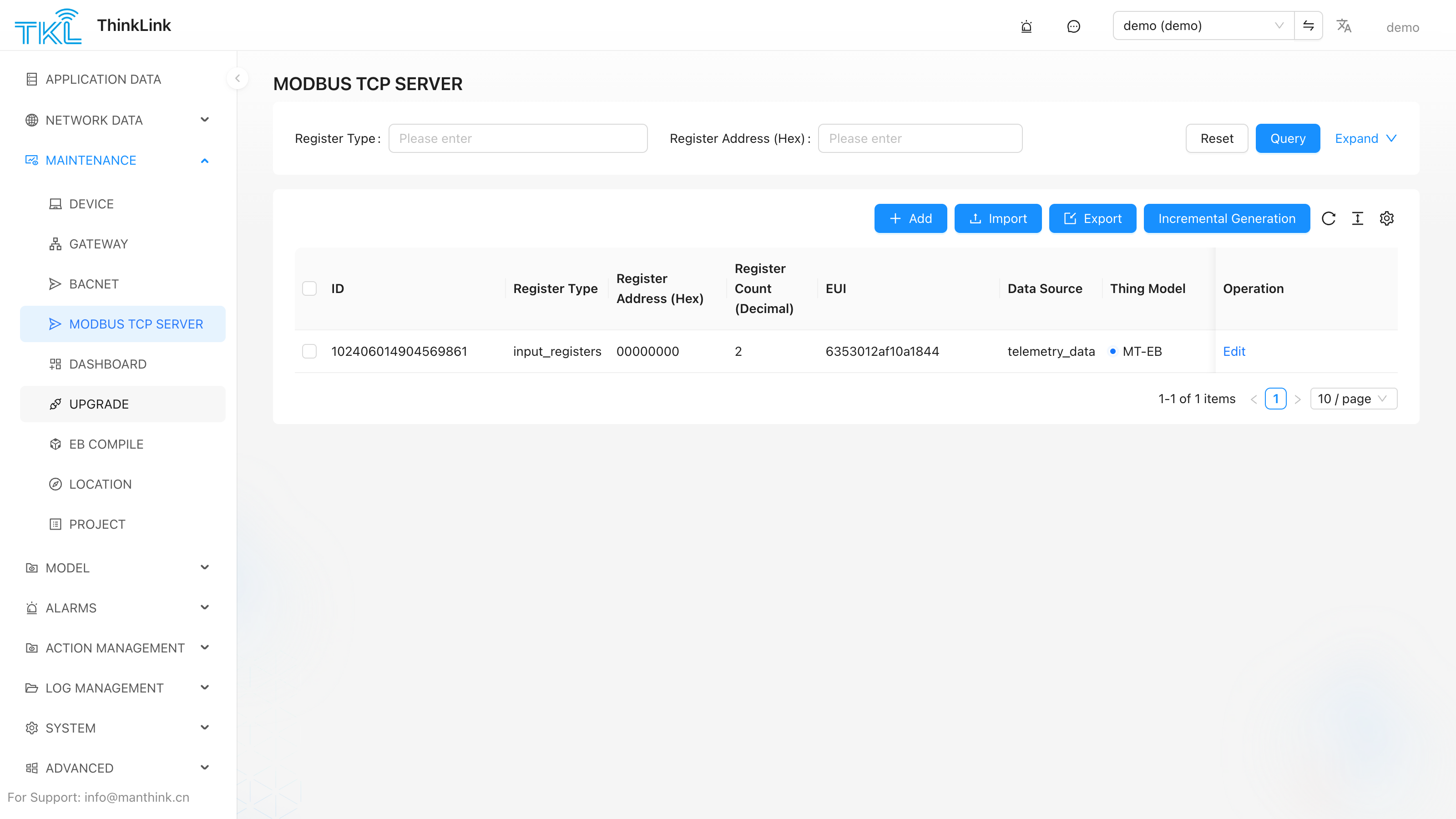 Modbus TCP Server register mapping list